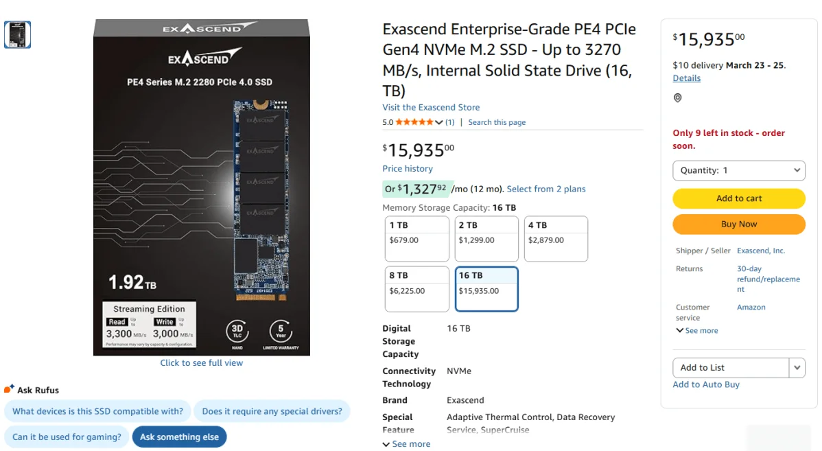 Exascend 16TG SSD Amazon listing